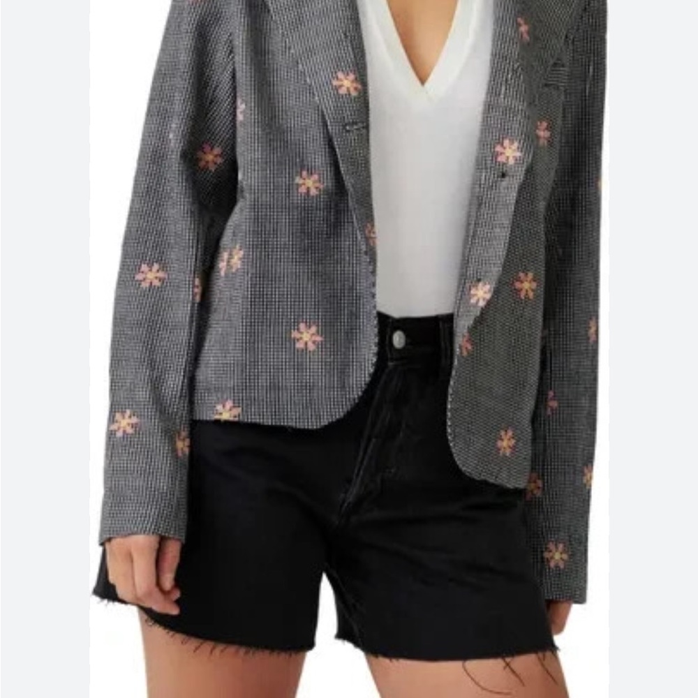 We The Free Gray Tweed Blazer with Pink Floral Embroidery